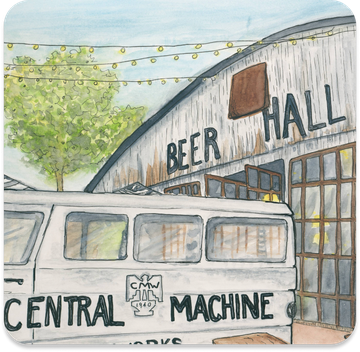 Central Machine Works beer hall watercolor illustration